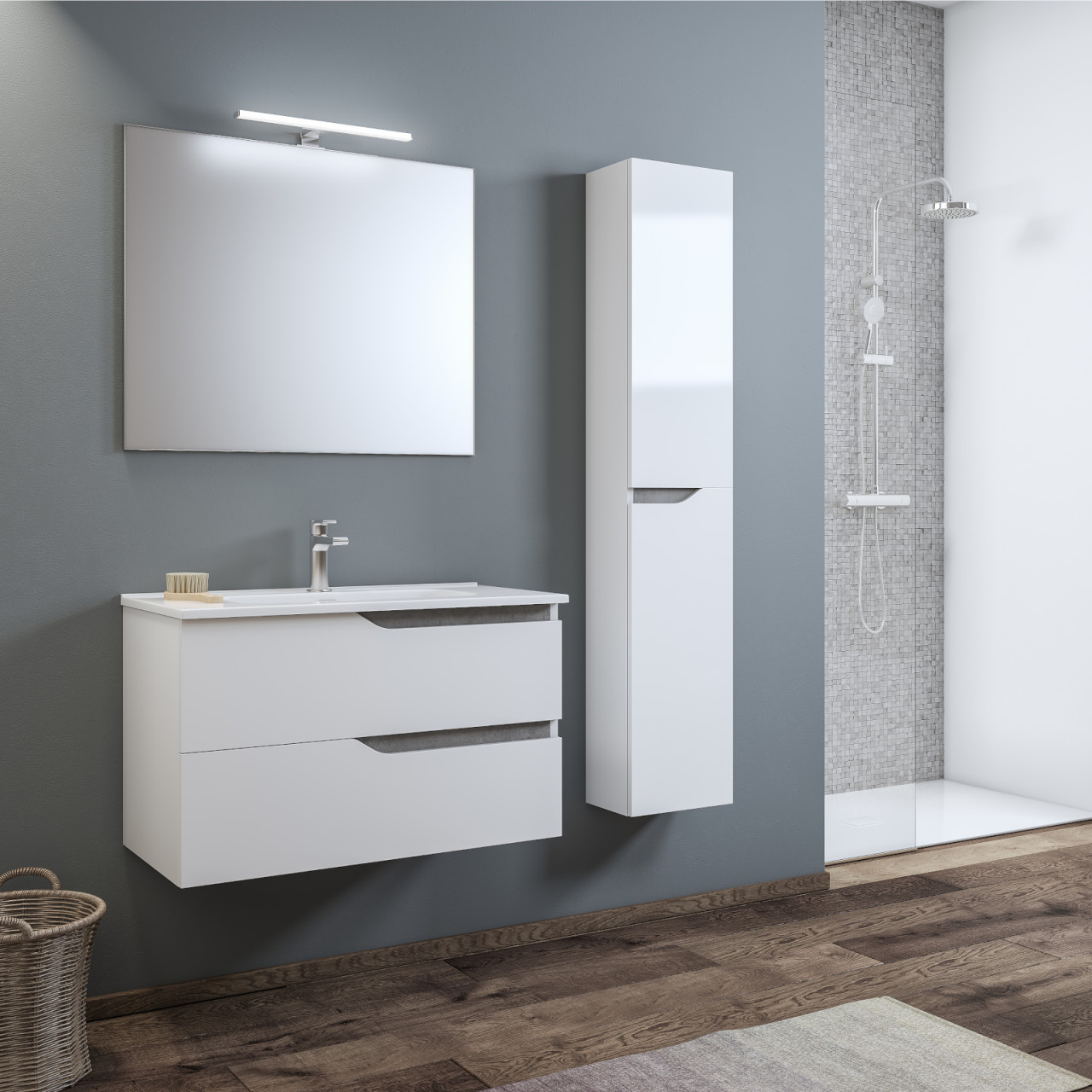 Mobile bagno sospeso bianco lucido 100 cm doppio cassetto specchio