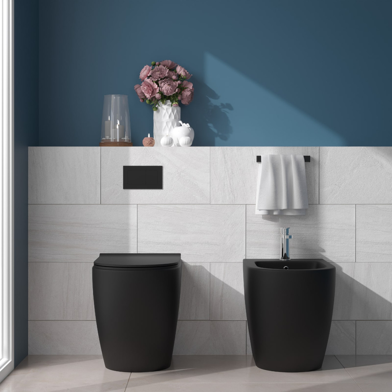 Sanitari filomuro nero opaco rimless con copriwc soft close
