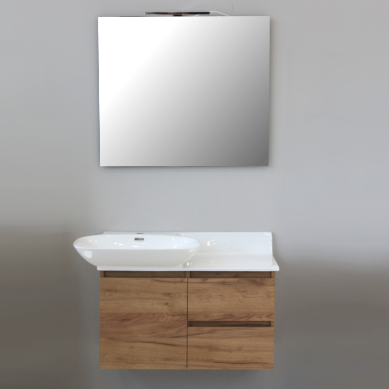 Mobile sospeso da 90 cm rovere chiaro con anta e doppio cassetto specchio e lampada led