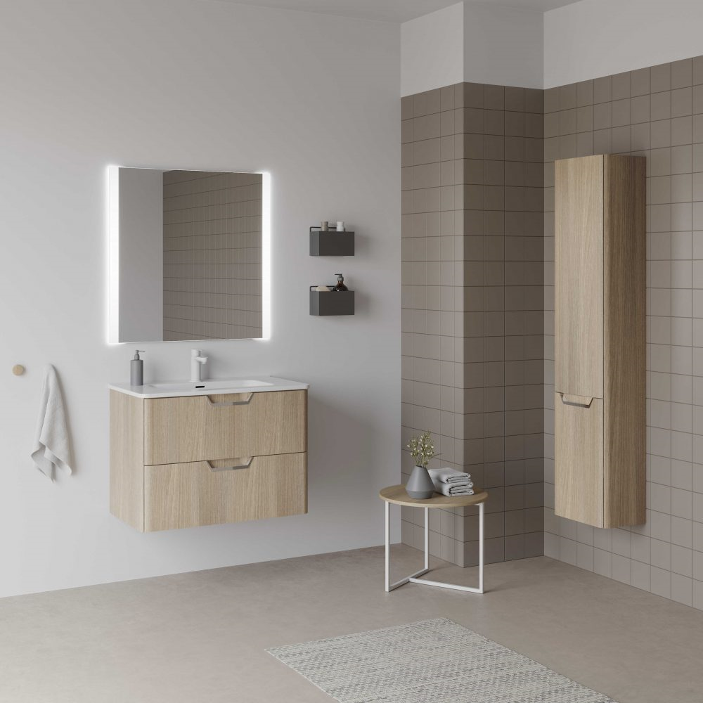 Mobile bagno sospeso 100 cm rovere chiaro con specchio filolucido e lampada led