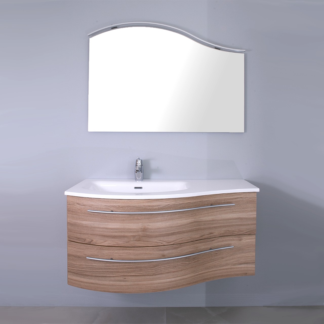 Mobile sospeso da 110 cm rovere scuro doppio cassettone con specchio e lampada led