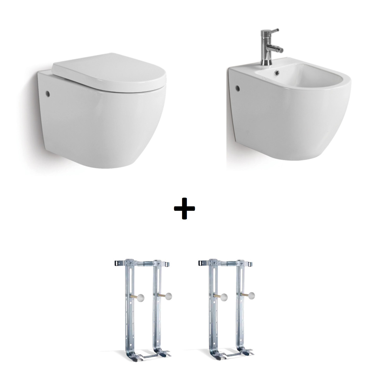 Sanitari sospesi senza brida vaso bidet coprivaso avvolgente e staffe in ceramica bianca