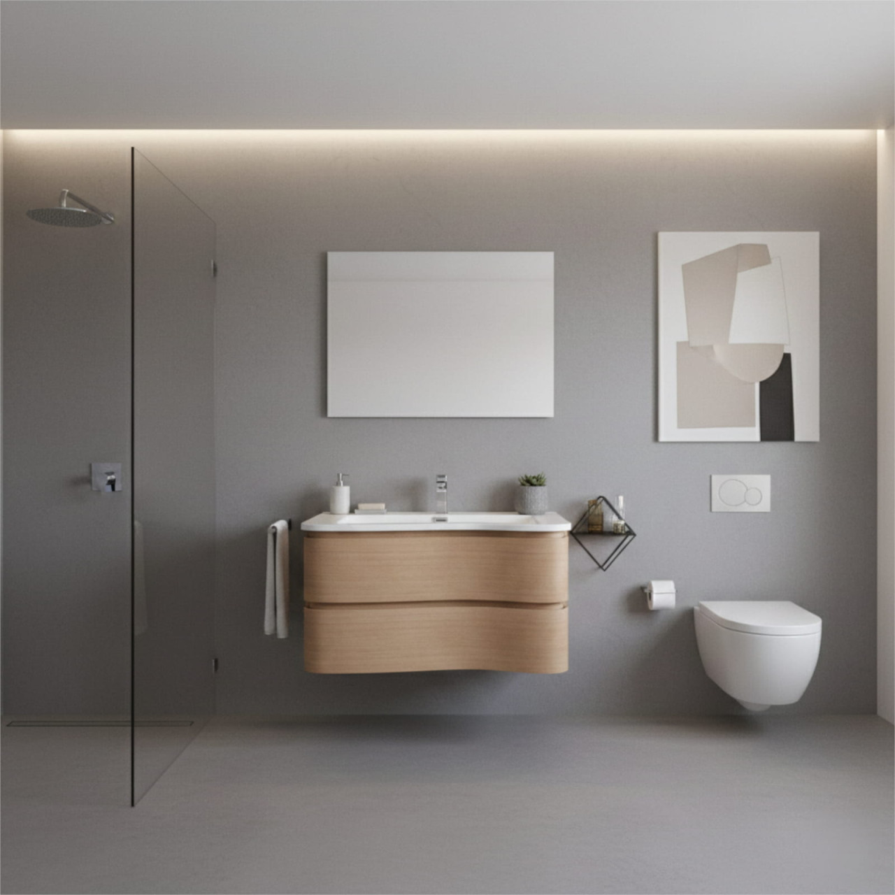 Mobile bagno sospeso 90 cm rovere chiaro con doppio cassetto e specchio filolucido