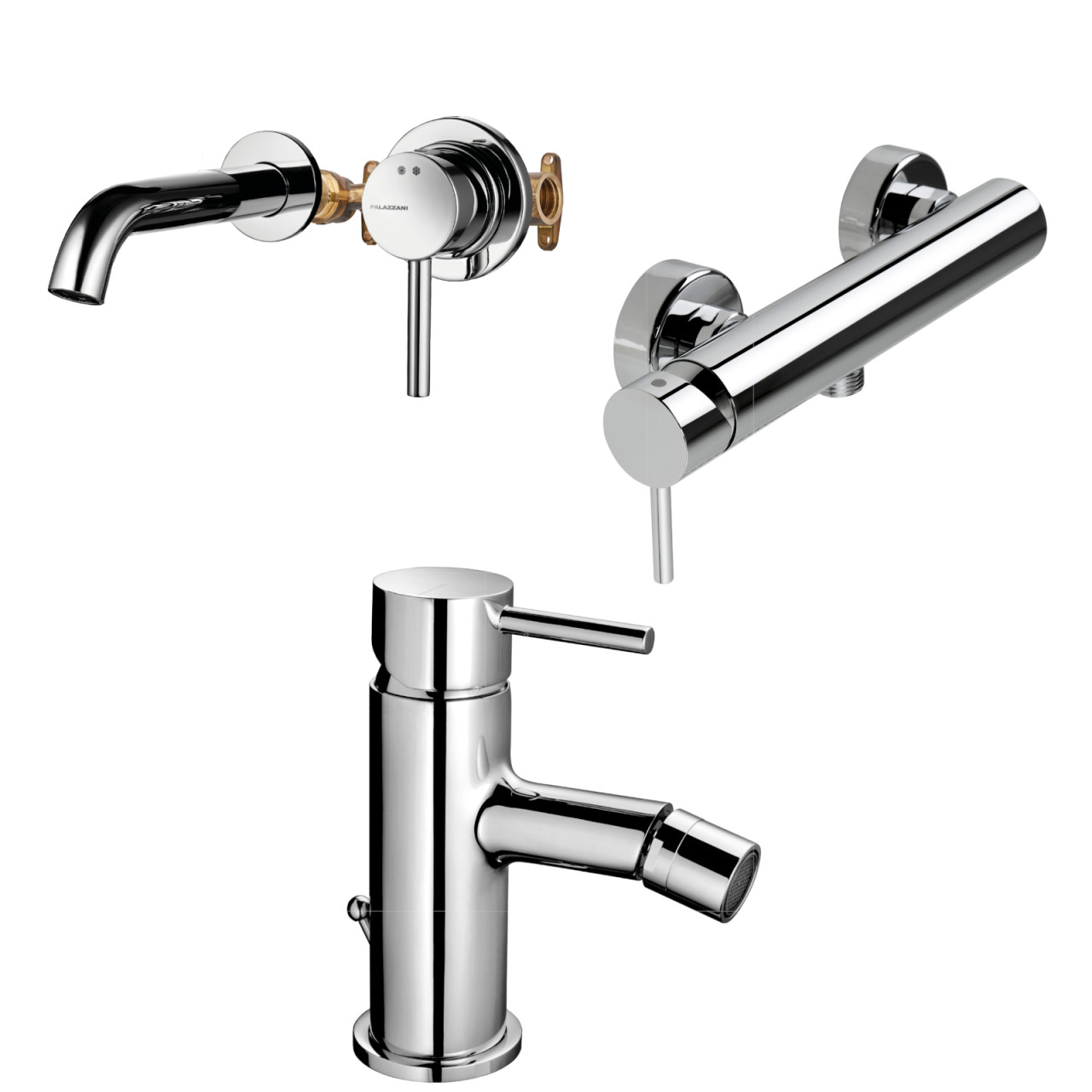 Set miscelatori palazzani mimo lavabo a muro bidet e esterno doccia scarico tradizionale