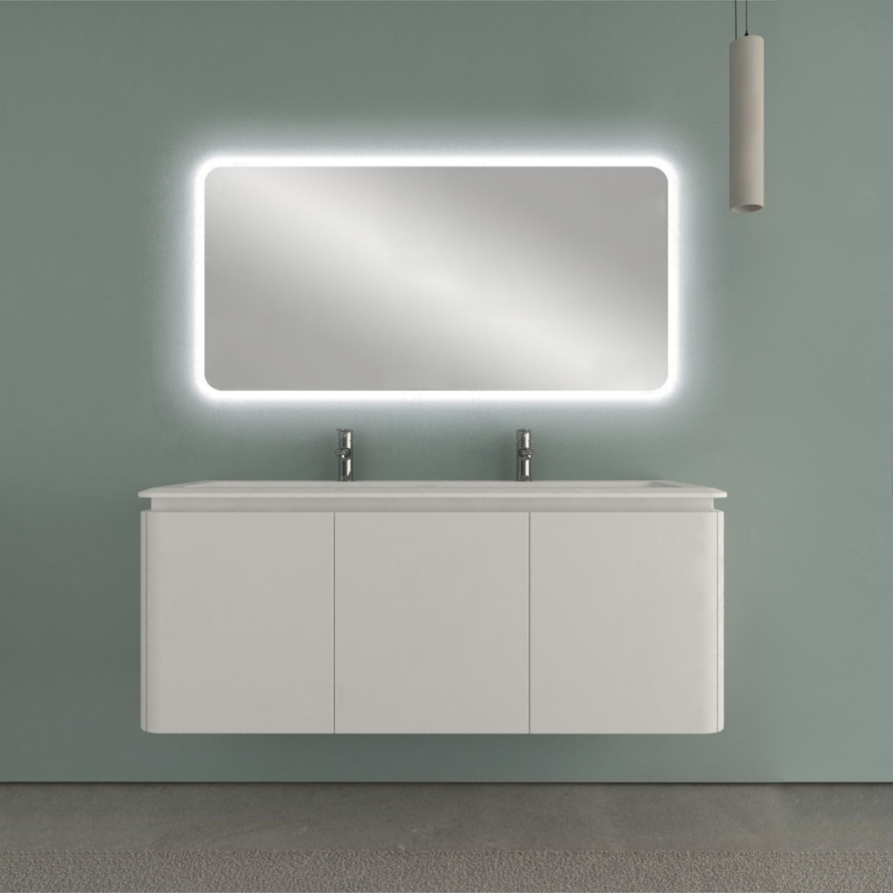 Mobile bagno sospeso cindy 140 cm bianco opaco con quattro cassetti e specchio led