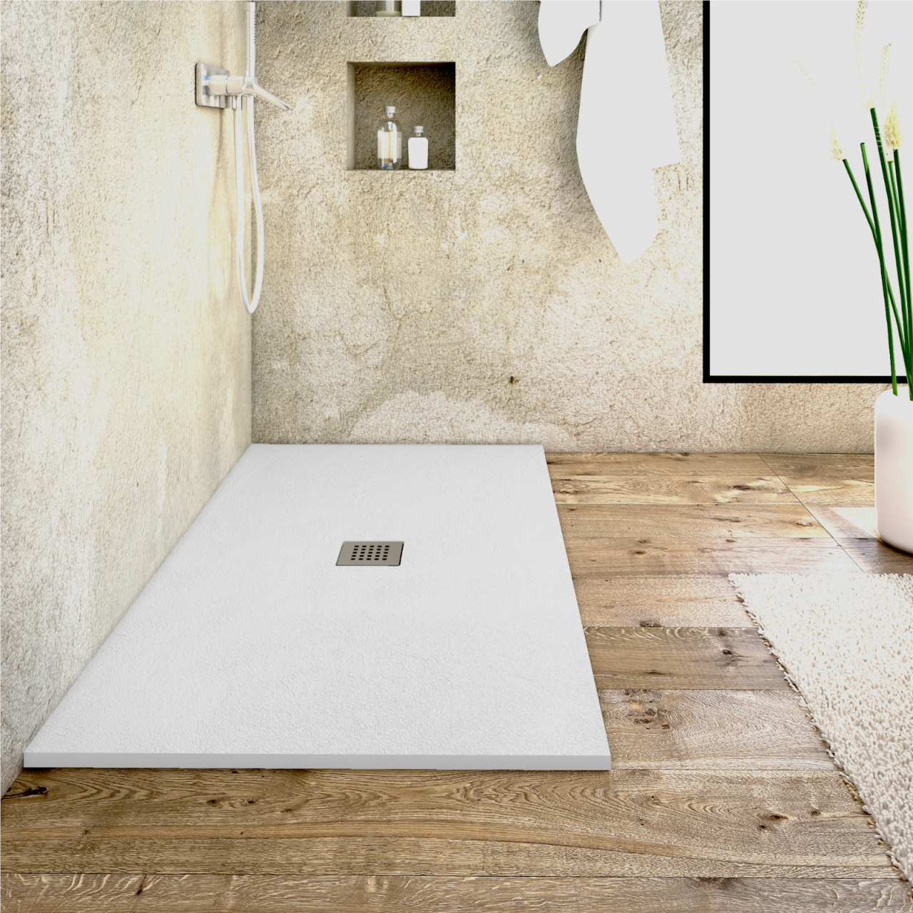 Piatto doccia bianco 70x180 cm in mineral marmo con griglia e piletta di scarico