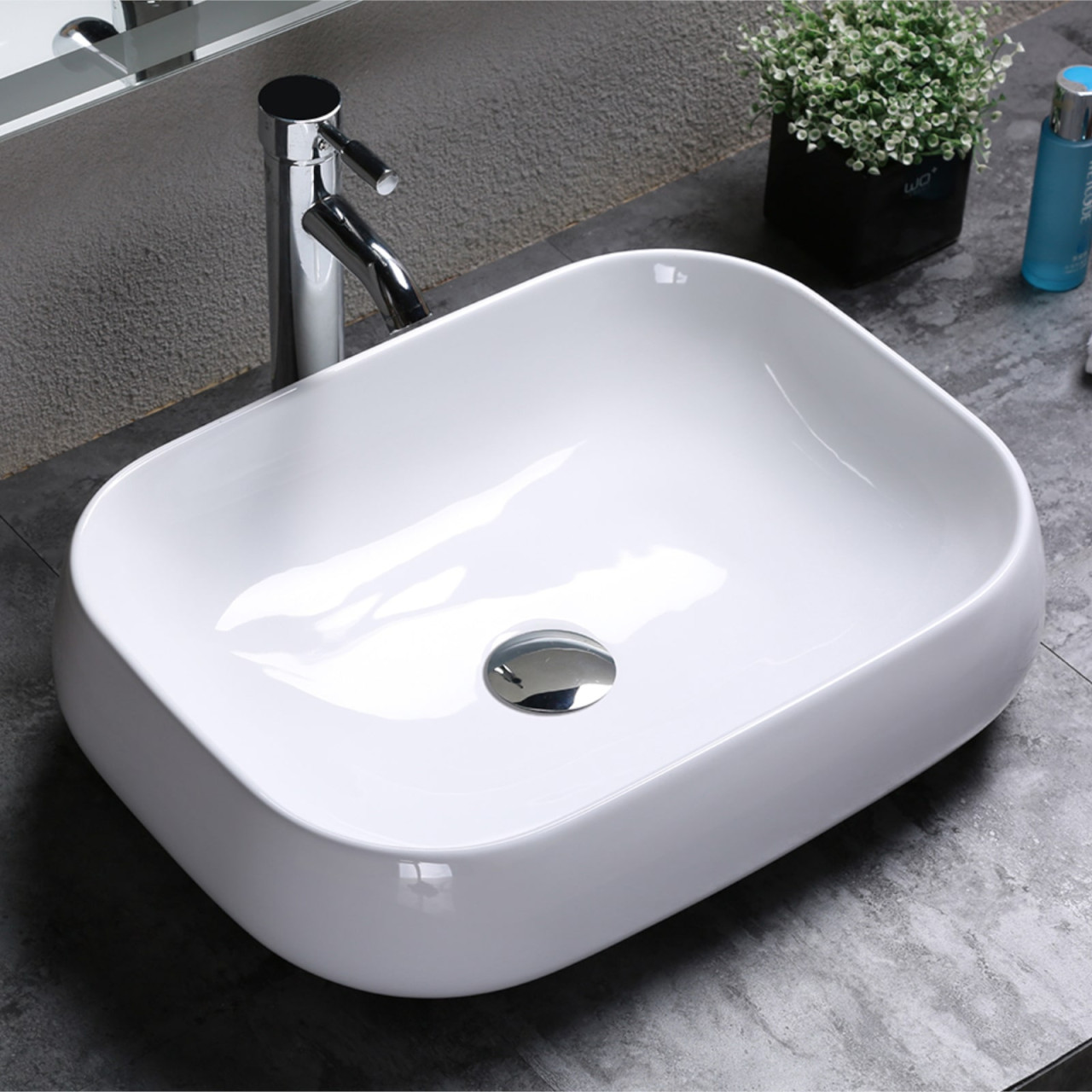 Euroceramica - Lavabo da appoggio rettangolare 56x42 cm - Ceramica bianco lucido