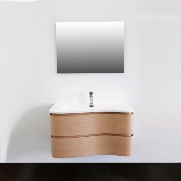 Mobile bagno sospeso 90 cm rovere chiaro con doppio cassetto e specchio filolucido