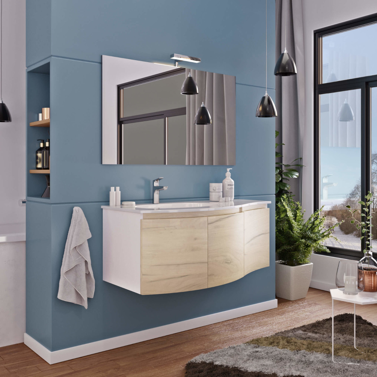 VENDITA ONLINE, MOBILE BAGNO SOSPESO DA 105 CM ROVERE CHIARO CON LAVABO  SPECCHIO E LAMPADA LED