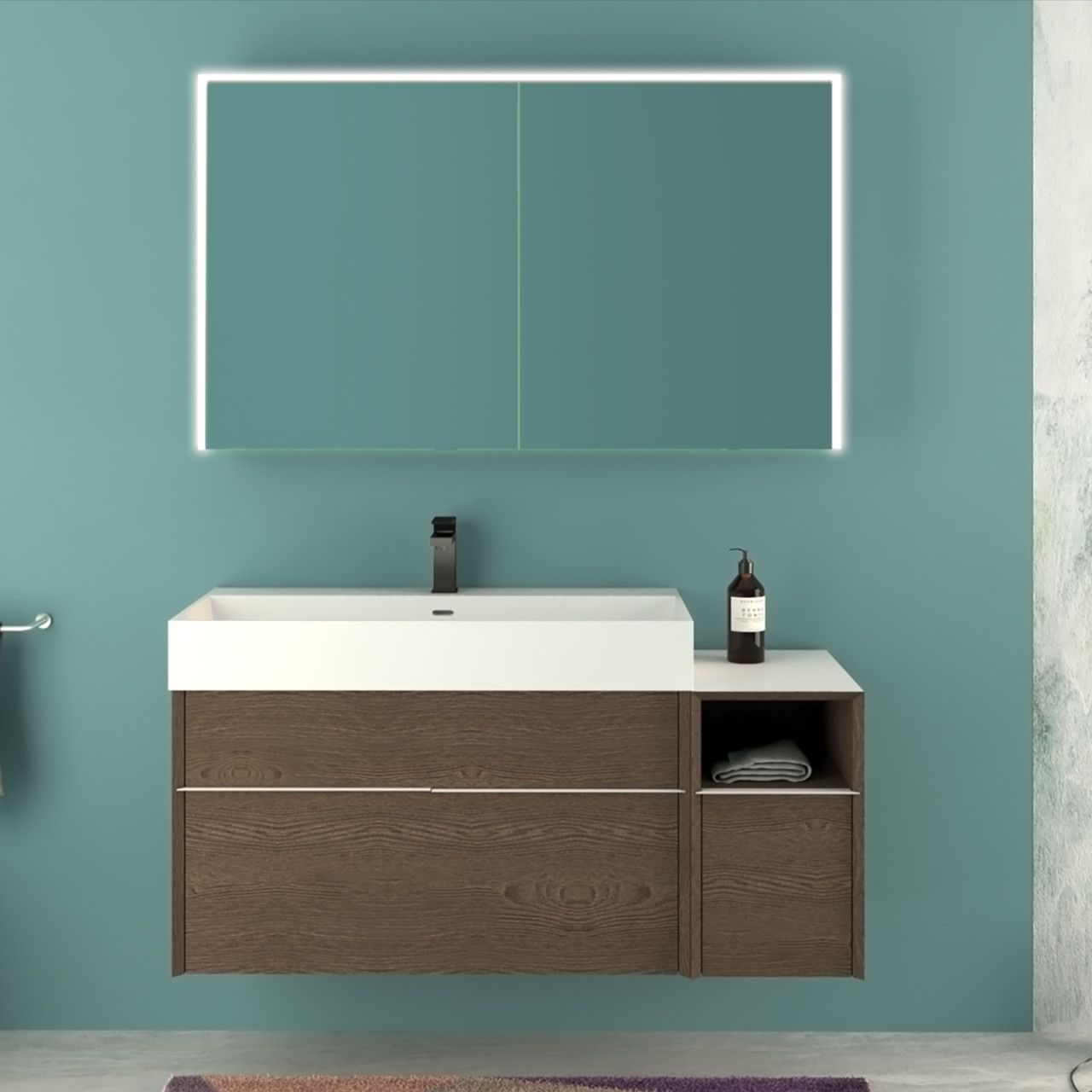 Mobile bagno sospeso da 120 cm frassino scuro con specchio contenitore led touch e presa usb