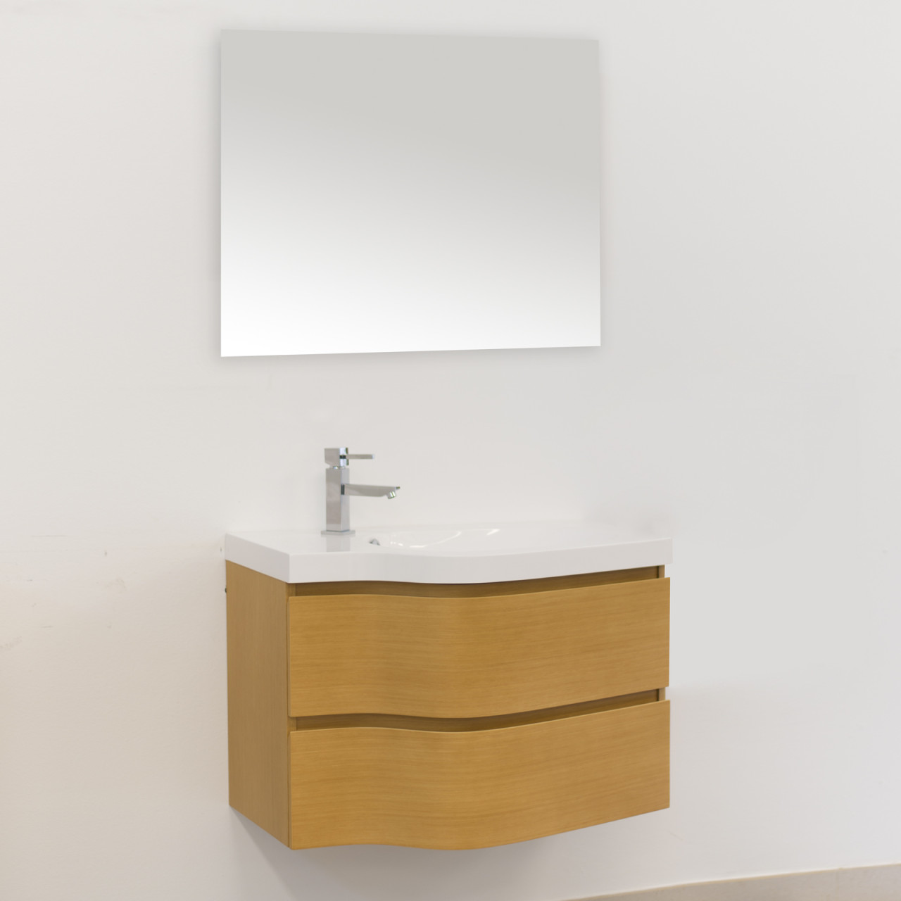 Mobile bagno sospeso 80 cm rovere chiaro con doppio cassettone e lavabo in mineral