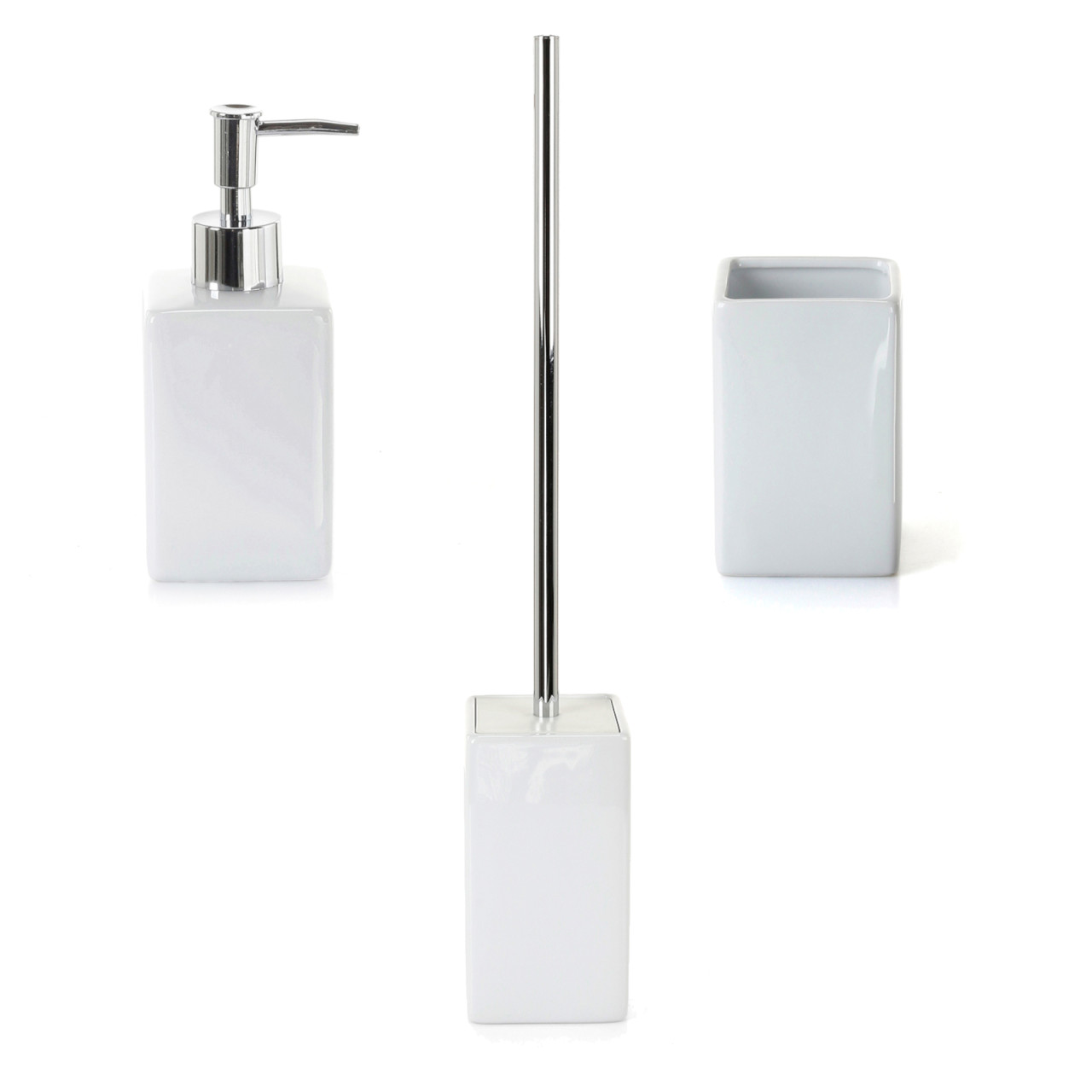 Set 3 accessori bagno bianchi dispenser portaspazzolini e scopino in ceramica