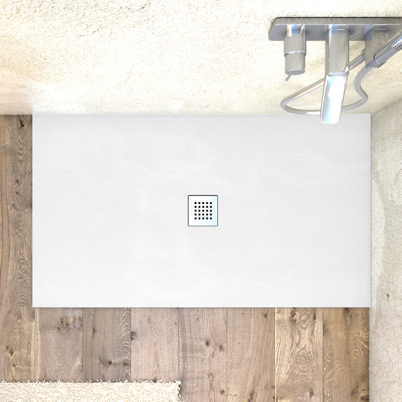 Euroceramica - Piatto doccia - Bianco 70x100 cm - Marmo minerale - Griglia e piletta di scarico