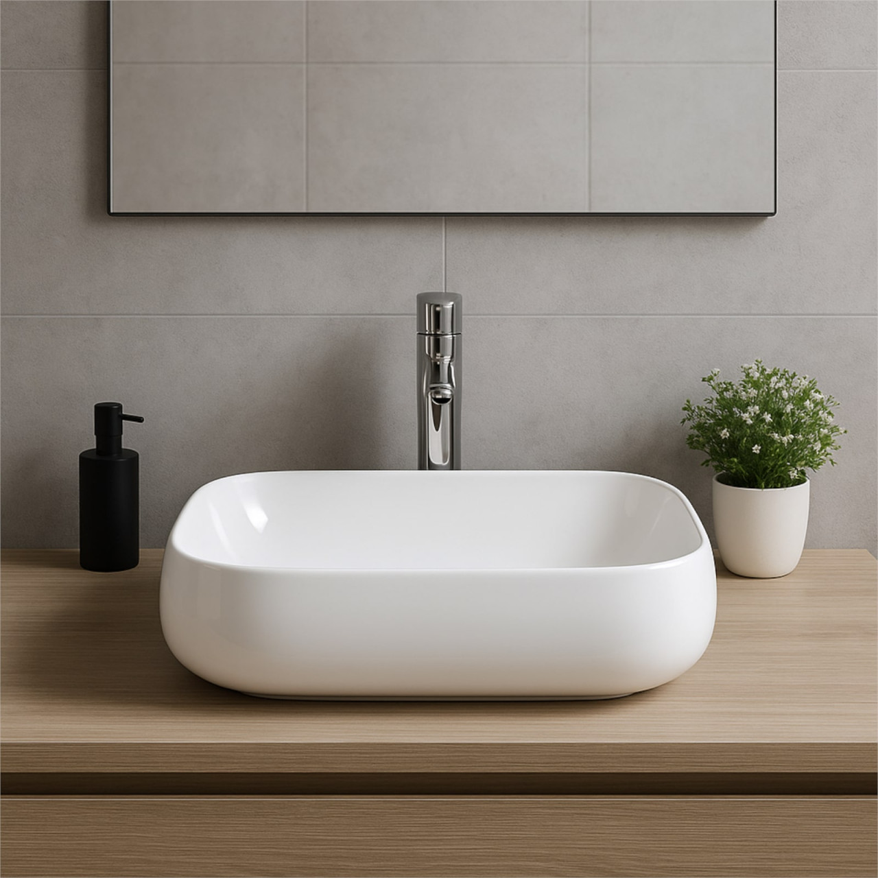 Euroceramica - Lavabo da appoggio rettangolare 56x42 cm - Ceramica bianco lucido