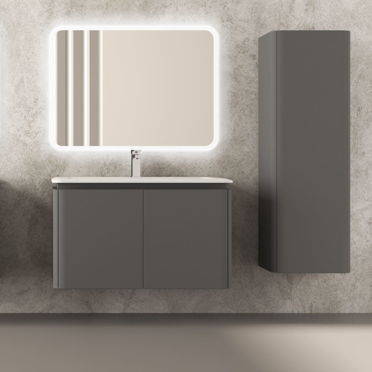 Mobile bagno sospeso cindy 95 cm grigio nuvola con quattro cassetti e specchio led