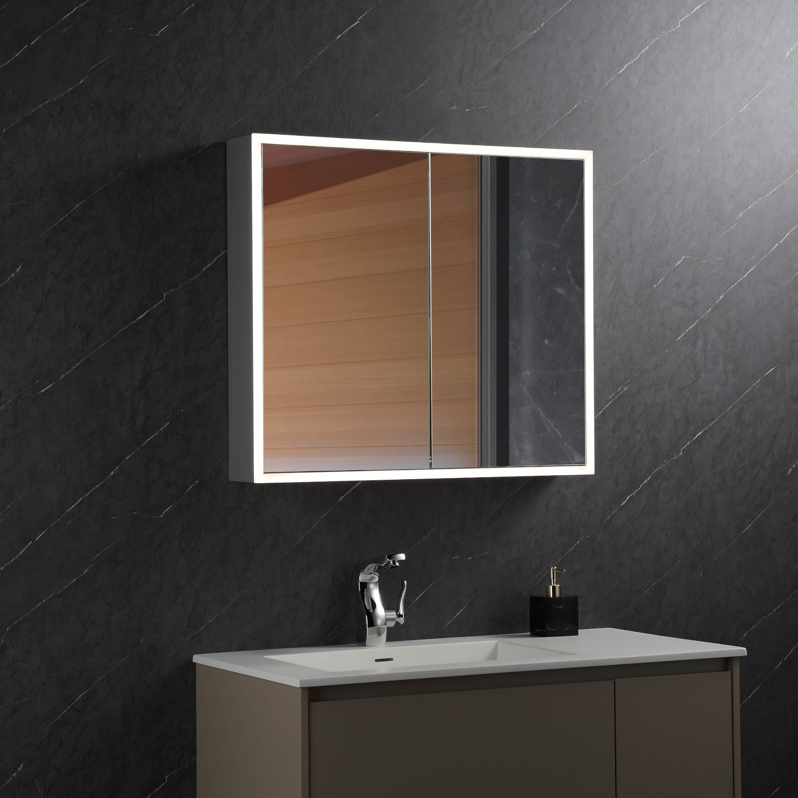 Specchiera multimediale contenitore da bagno con luce led doppia