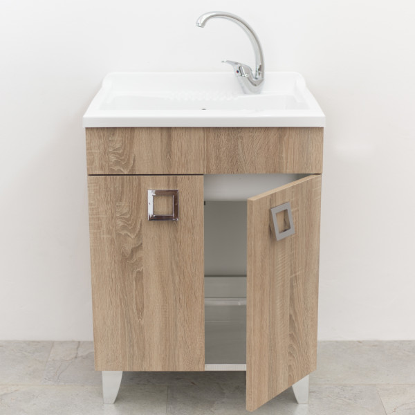 Mobile lavatoio 60x50 cm rovere scuro con vasca in polipropilene e asse lavapanni Mobile lavatoio 60x50 cm rovere scuro con vasca in polipropilene e asse lavapanni