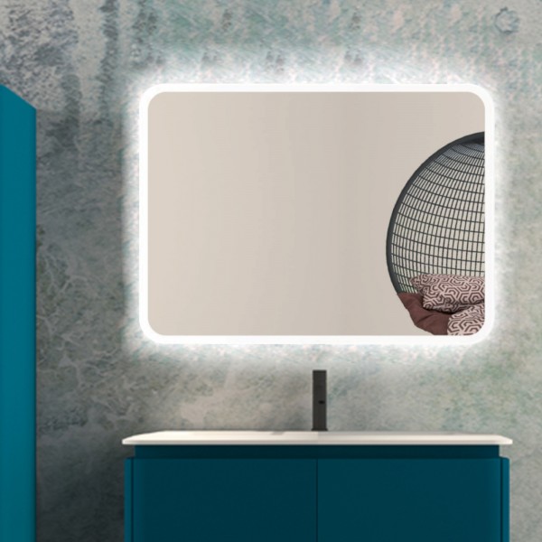 Specchio bagno 95x70 cm con angoli stondati illuminazione led e sistema antiappannamento