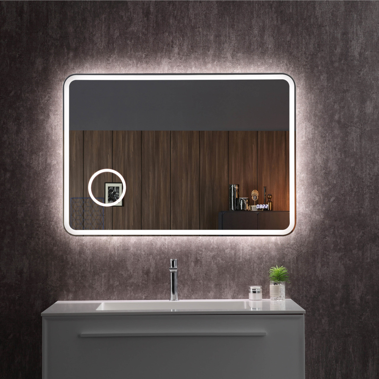 Euroceramica - Sirio - Specchio LED 70x100 cm con ingranditore e orologio digitale