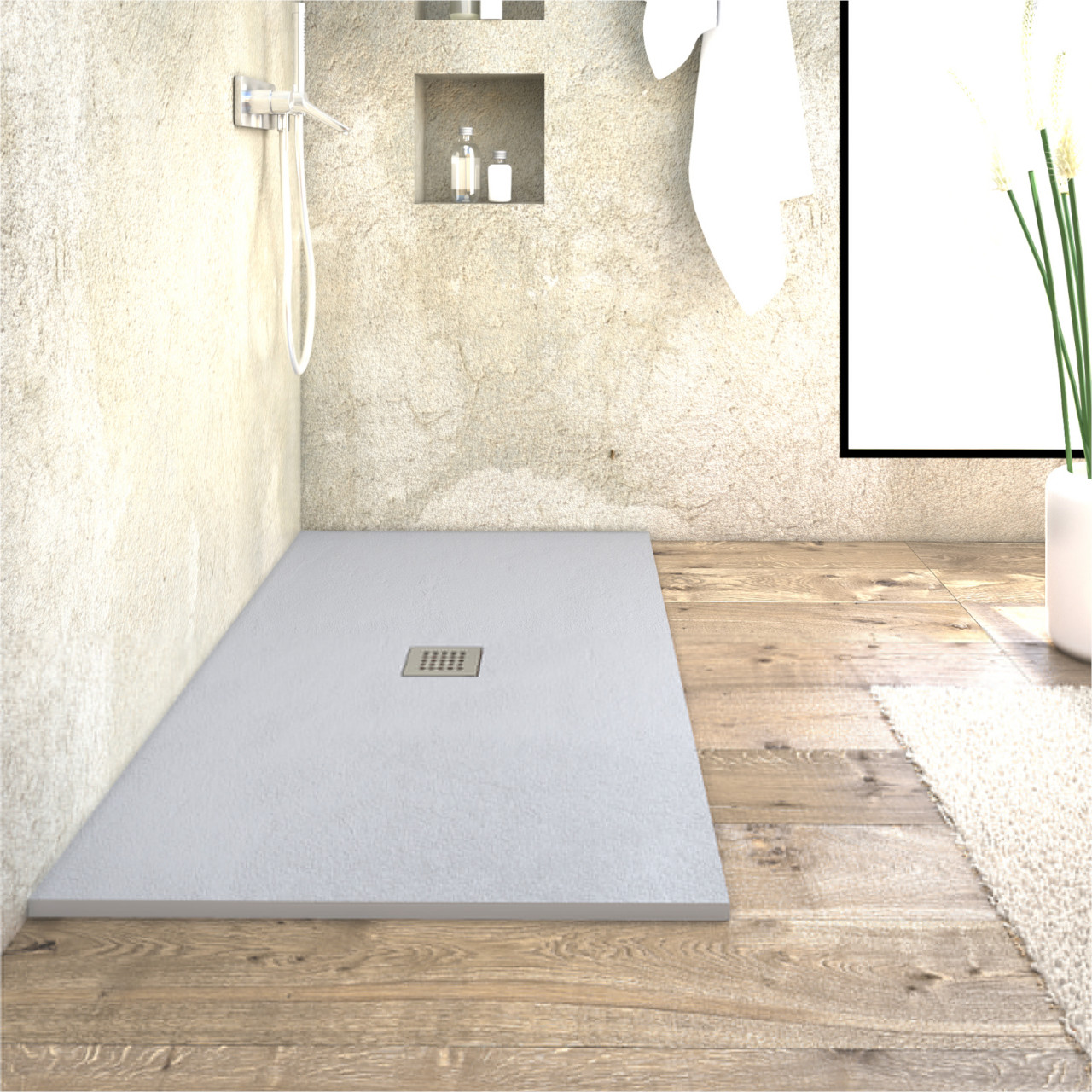 Piatto doccia grigio 70x180 cm in mineral marmo con griglia e piletta di scarico