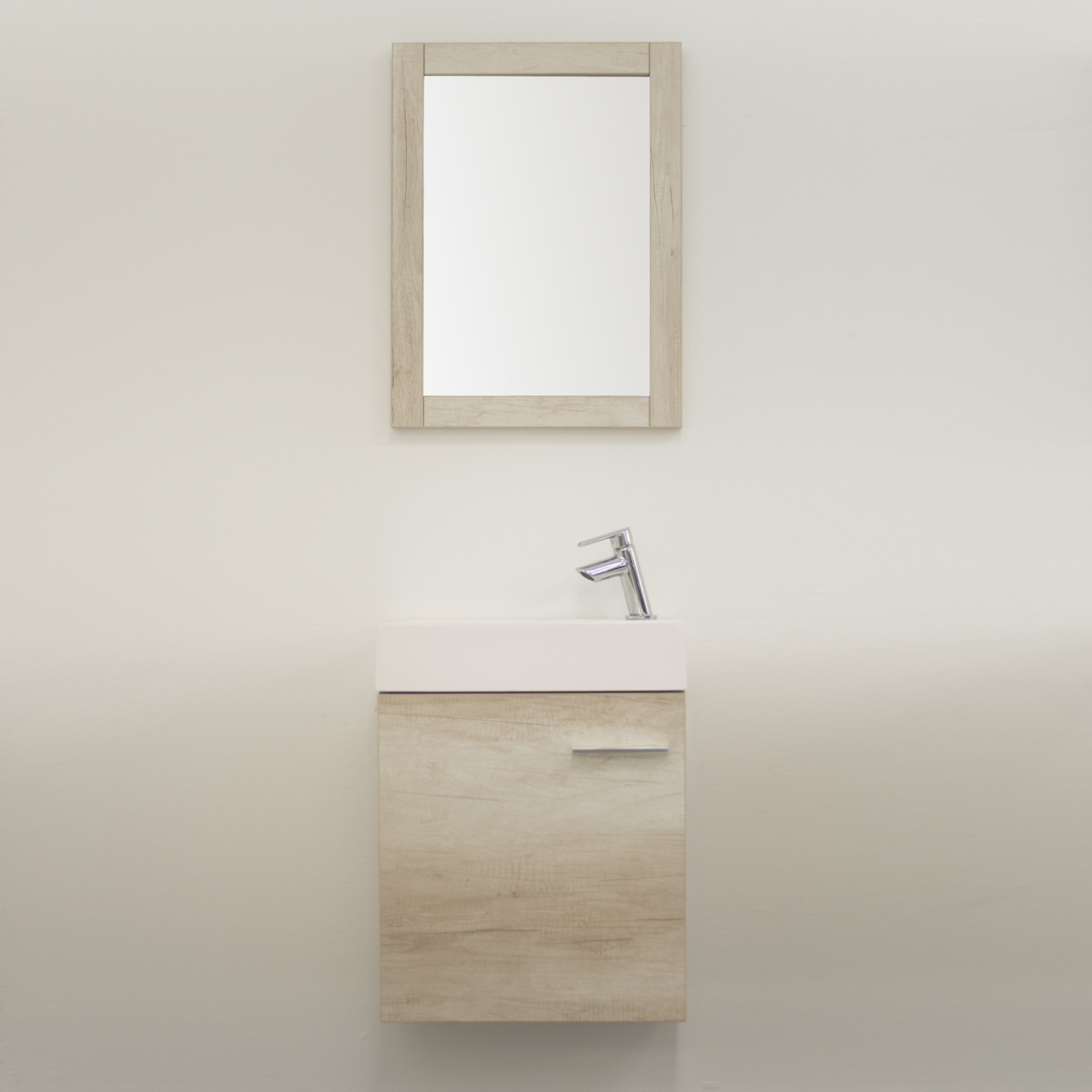 Mobile sospeso bagno 45 cm rovere grigio con anta e specchio con cornice