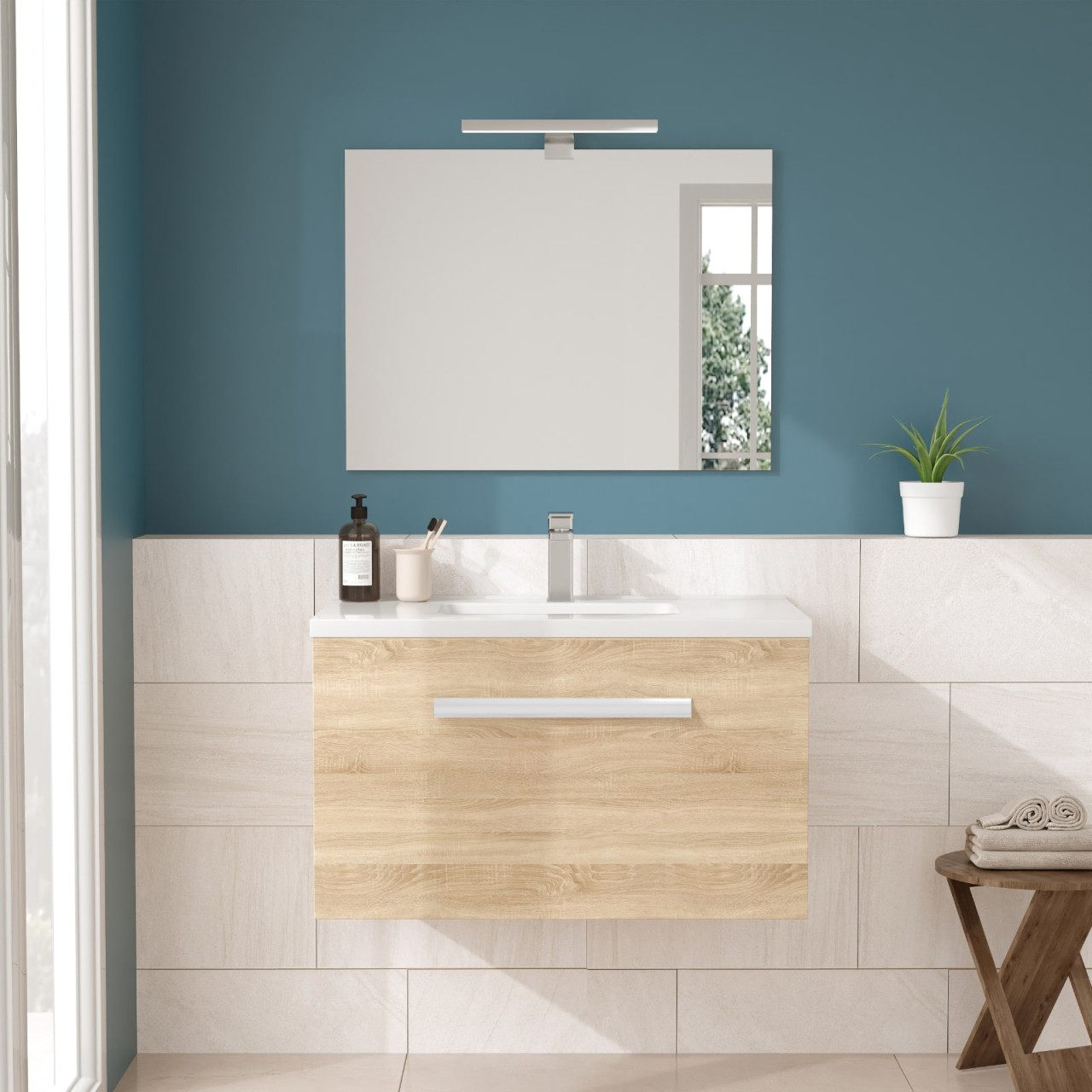 Mobile bagno sospeso 80 cm rovere chiaro cassetto singolo con specchio e lampada | aura