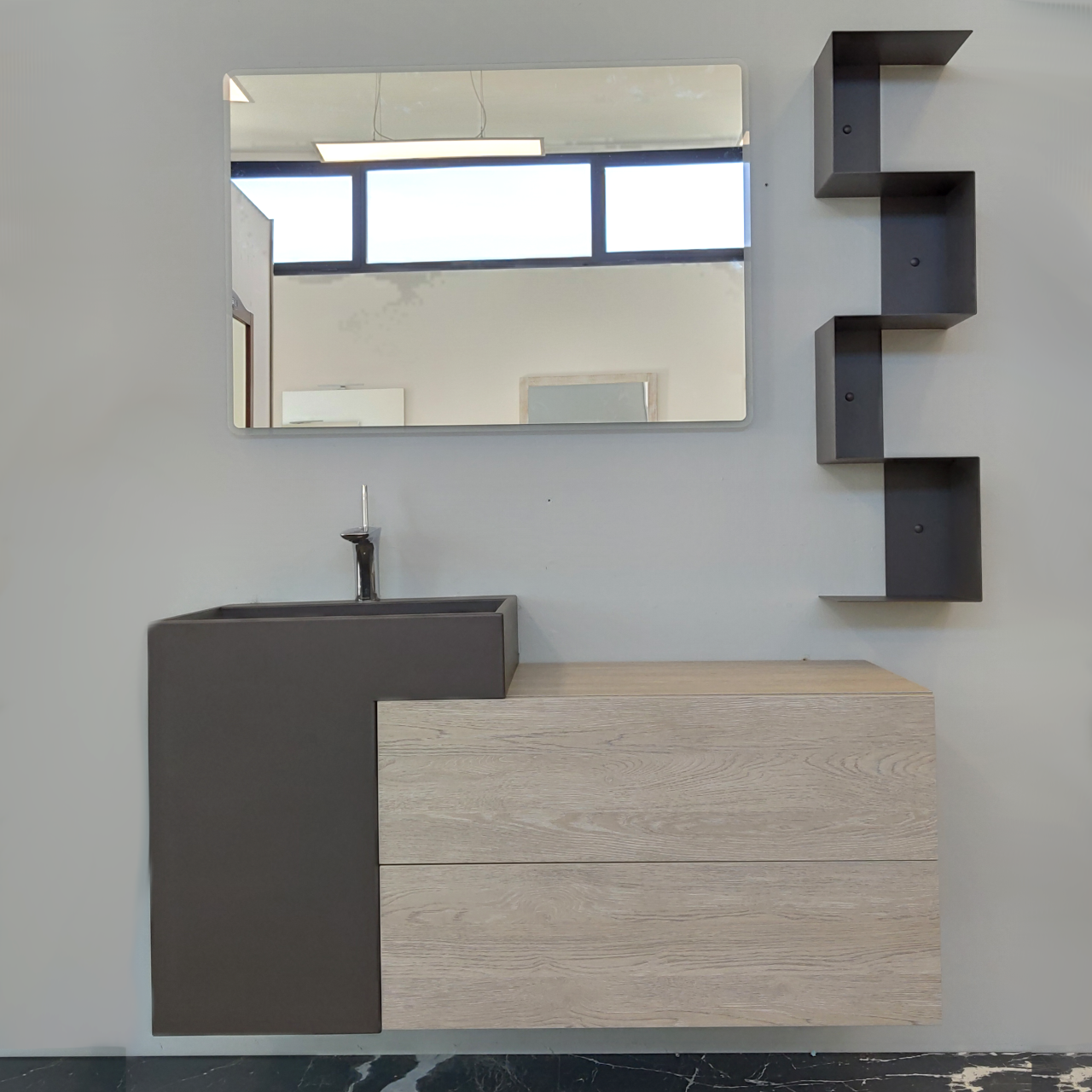 Mobile sospeso doppio cassettone da 120 cm con lavabo in metallo e specchio led