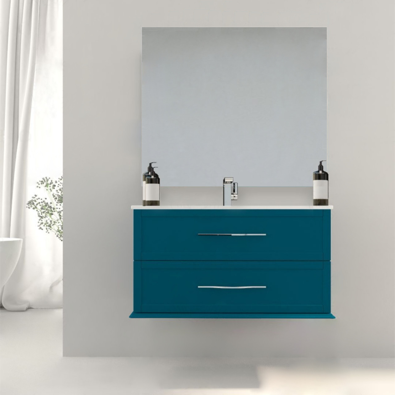 Mobile bagno sospeso cleo 100 cm doppio cassetto blu petrolio con specchio