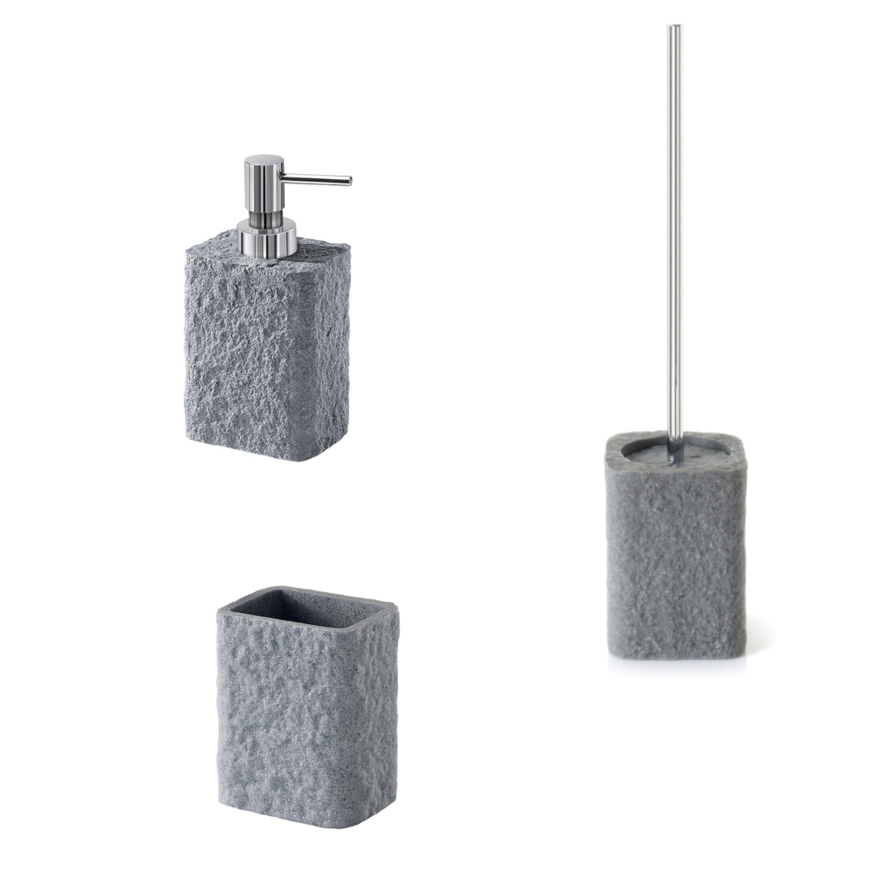 Set accessori bagno grigio effetto pietra con dispenser, portaspazzolino e scopino