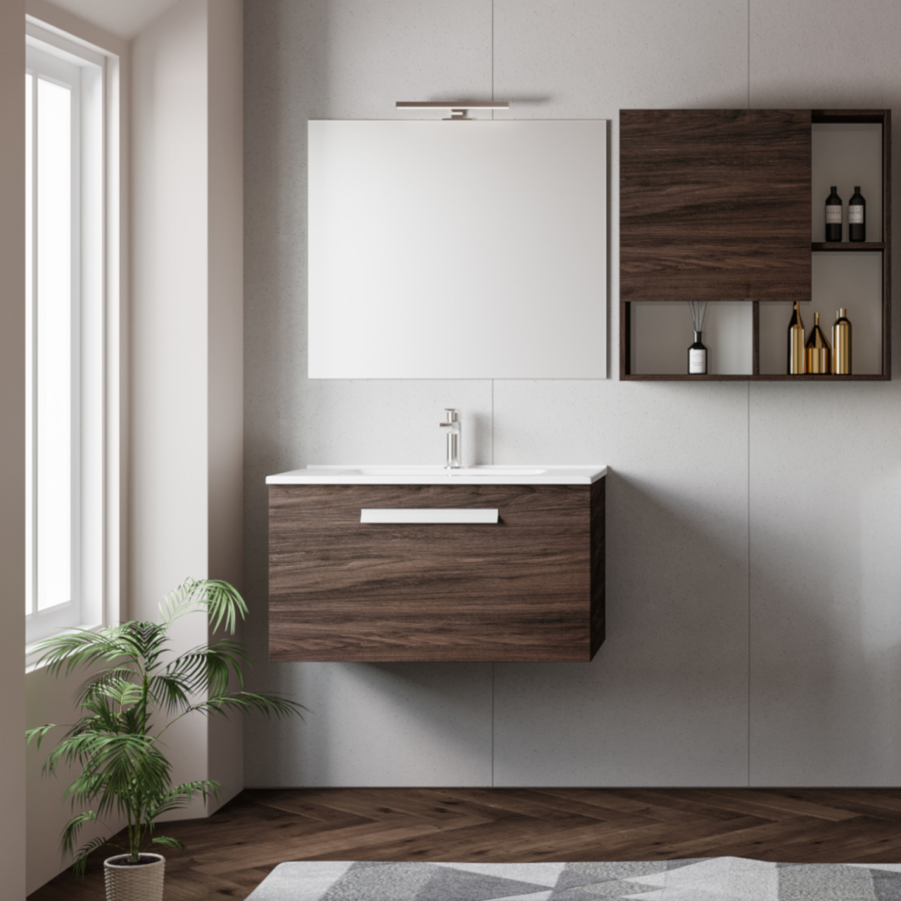 Mobile bagno sospeso 80 cm rovere scuro cassetto singolo con specchio e lampada | aura