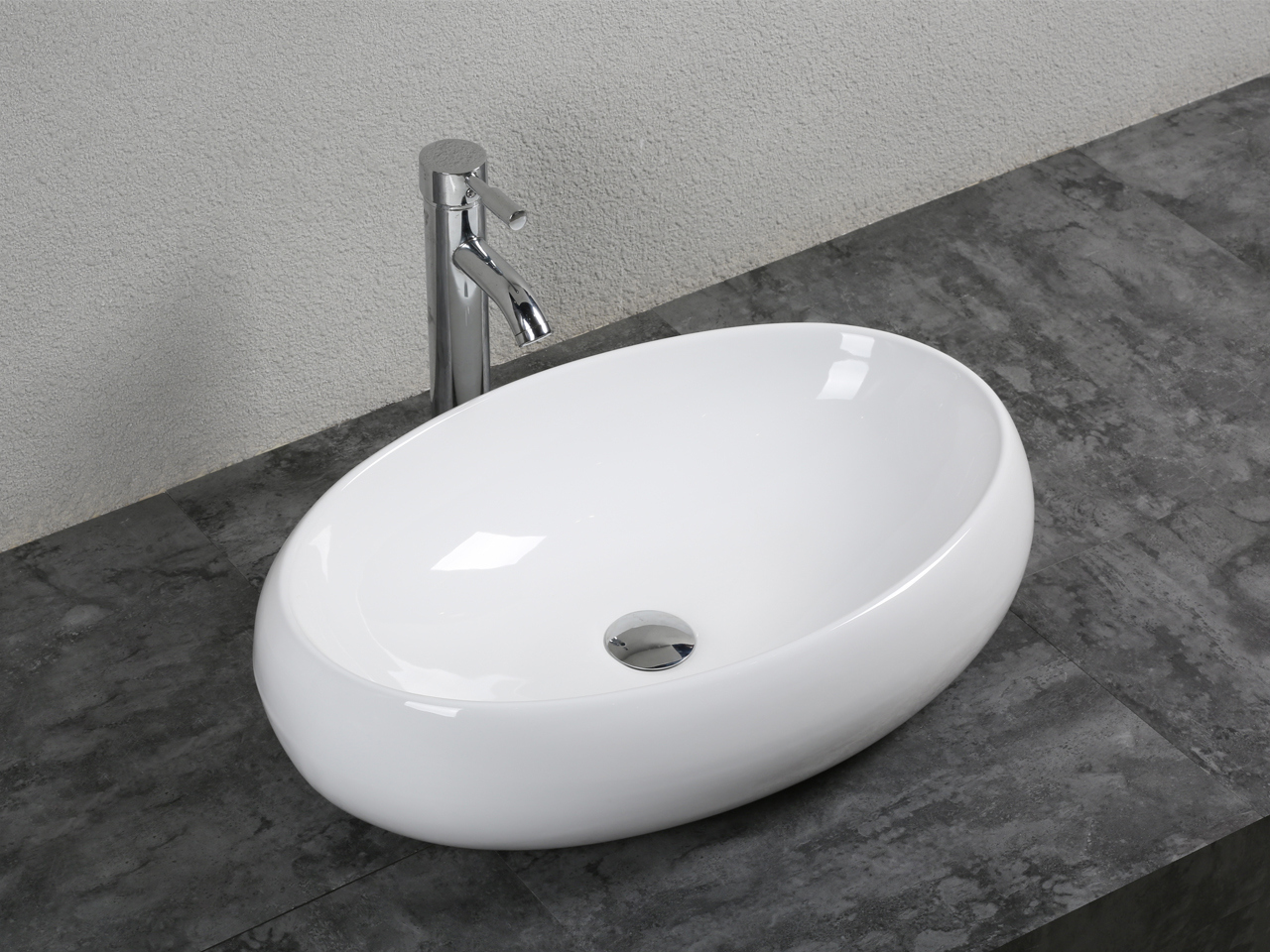 Euroceramica - Lavabo da appoggio ovale - Bianco lucido - Ceramica - 60 cm