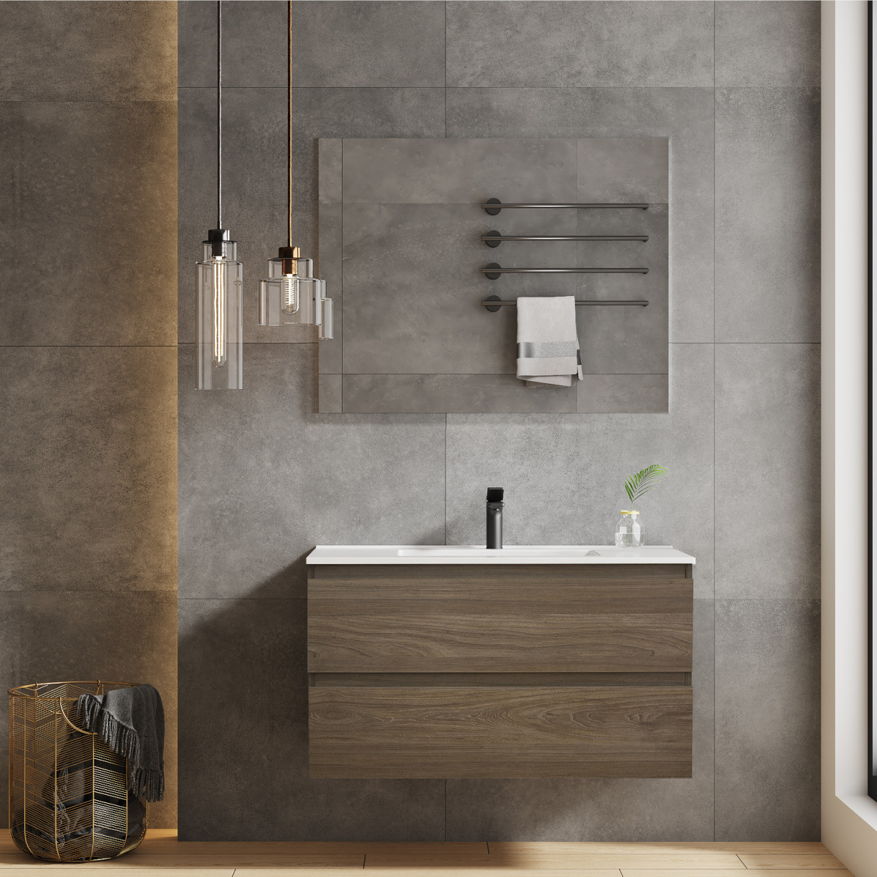 VENDITA ONLINE, MOBILE BAGNO SOSPESO DA 105 CM ROVERE CHIARO CON LAVABO  SPECCHIO E LAMPADA LED