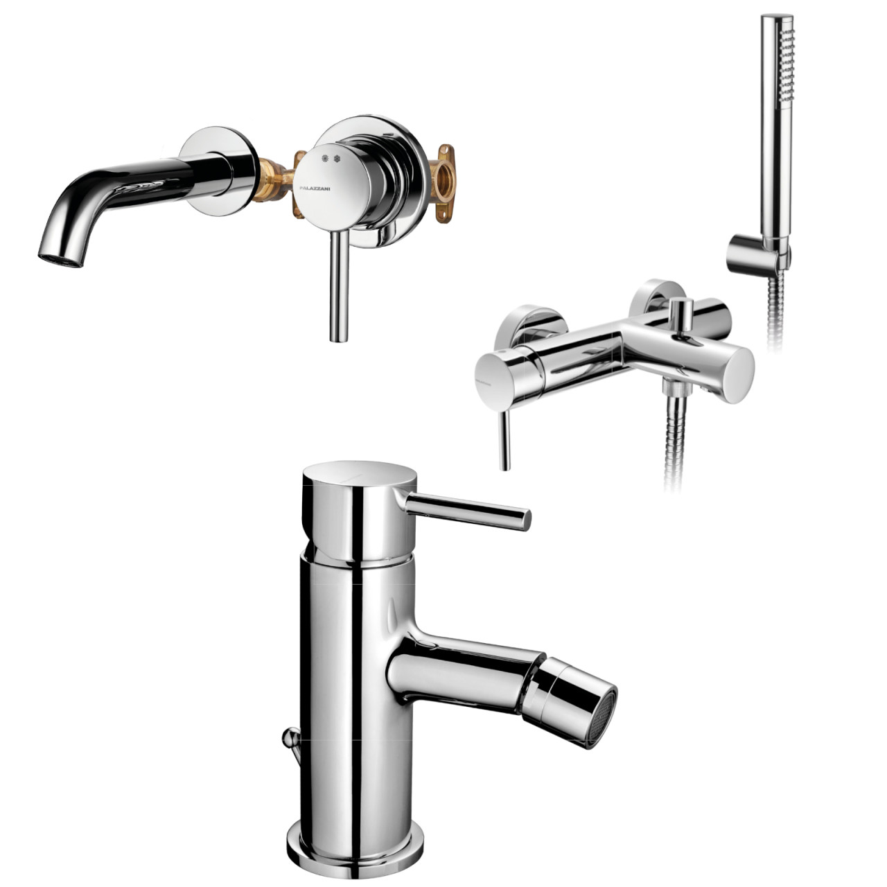 Set miscelatori palazzani mimo lavabo a muro bidet e esterno vasca scarico tradizionale