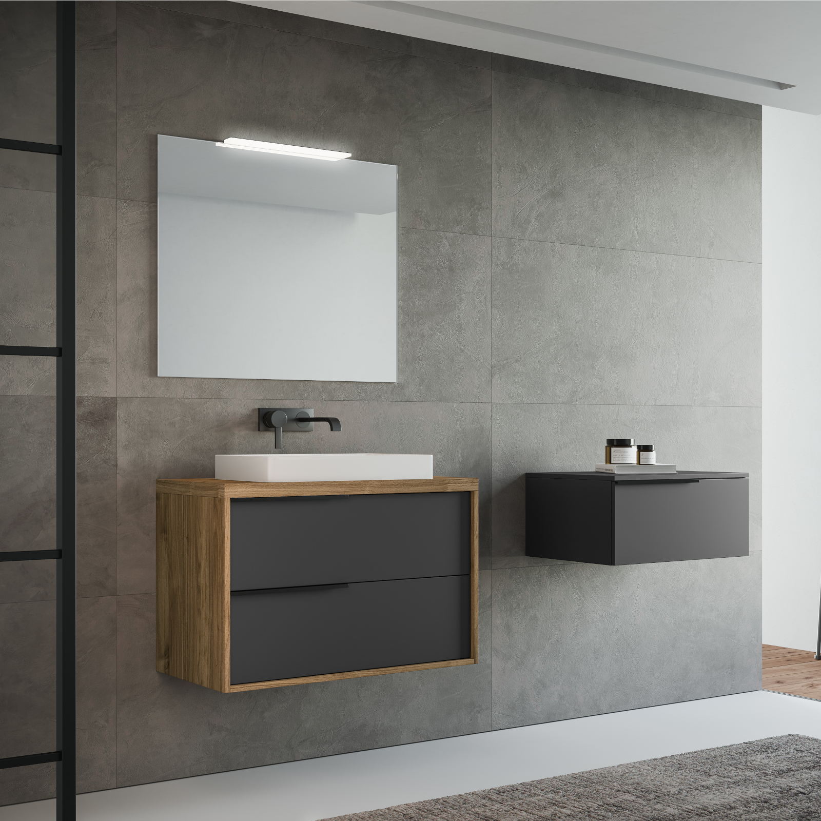 Mobile Bagno con Lavabo 100 cm Sospeso Bianco con Colonna Specchio