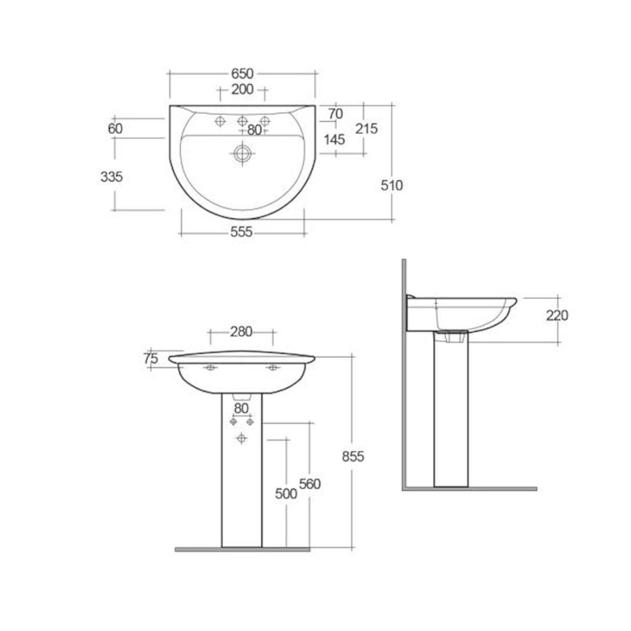 Lavabo rak karla 65 cm con colonna in ceramica bianca