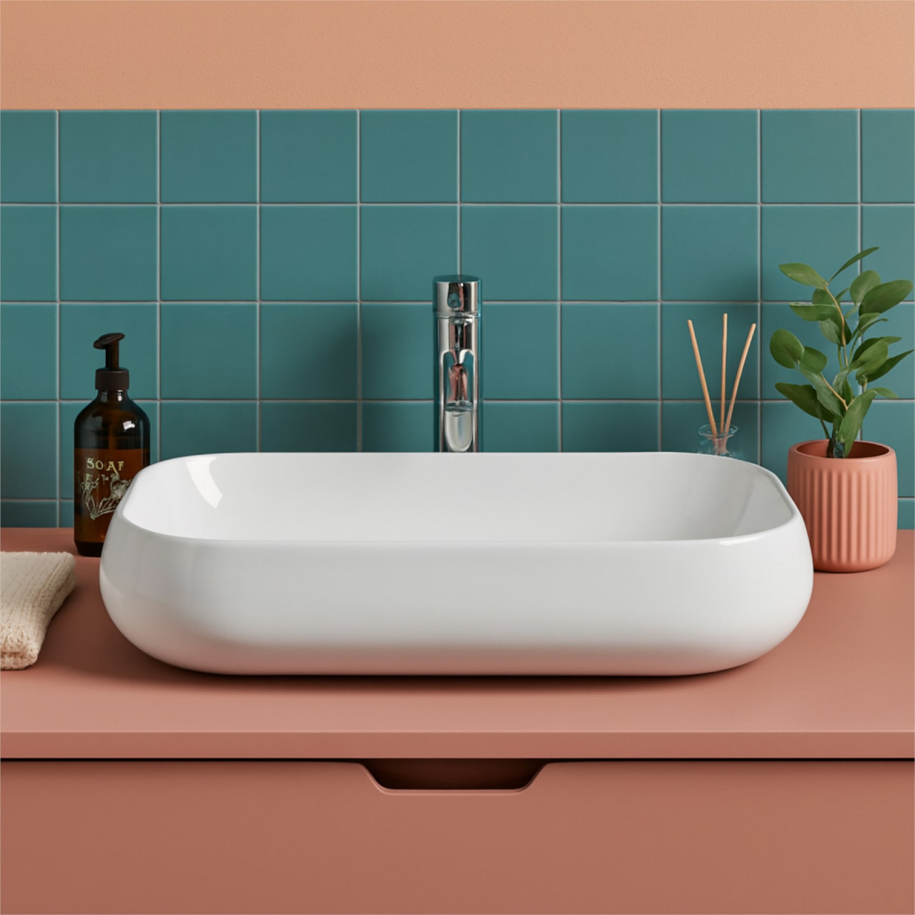 Euroceramica - Lavabo da appoggio rettangolare 70x40 cm in ceramica bianco lucido