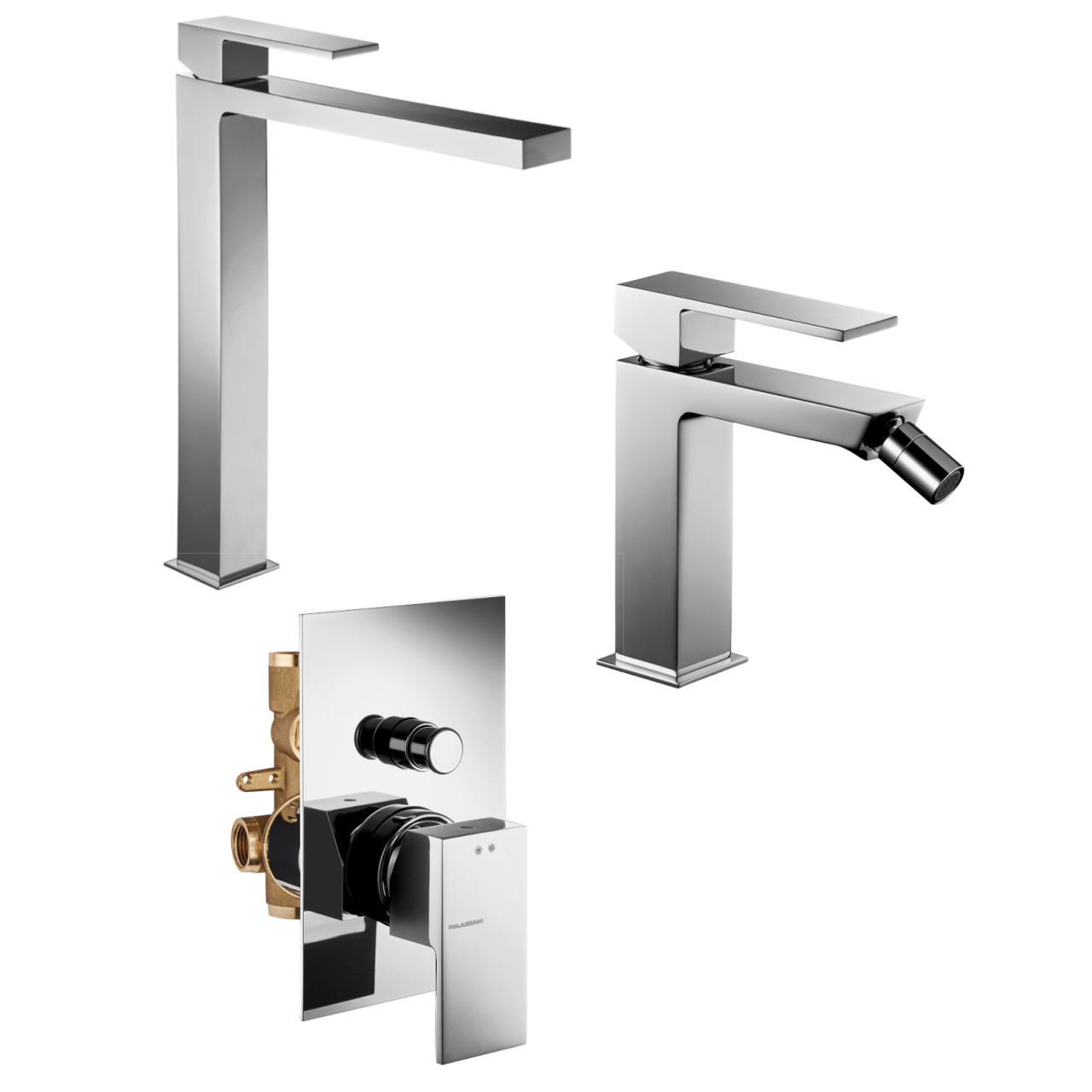 Set miscelatori palazzani qadra lavabo alto bidet e incasso doccia con deviatore