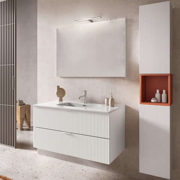 Mobile bagno sospeso cannettato 100 cm bianco lucido con specchio e lampada | Line Mobile bagno sospeso cannettato 100 cm bianco lucido con specchio e lampada | Line