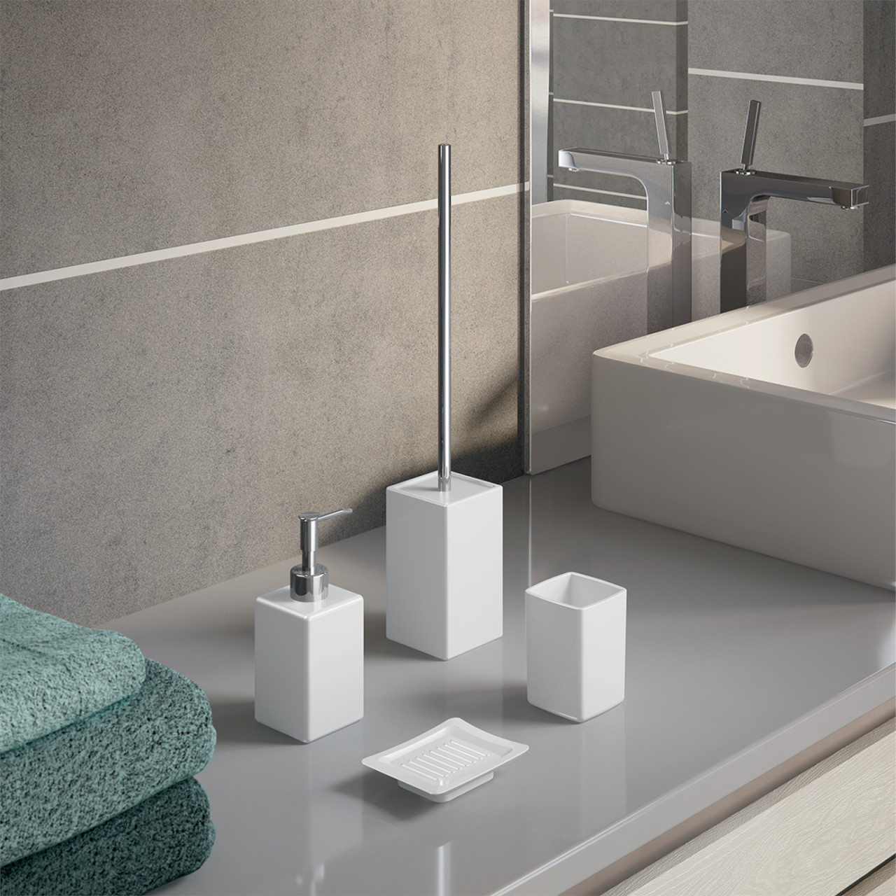 Set Accessori Bagno Bianco – 4 Pezzi In Plastica Ispessita: Dispenser Sapone, Portaspazzolino, Portasapone, Tazza - 3