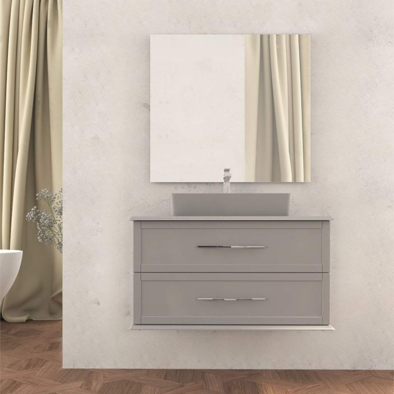 Mobile bagno sospeso cleo 100 cm grigio nuvola doppio cassetto con specchio