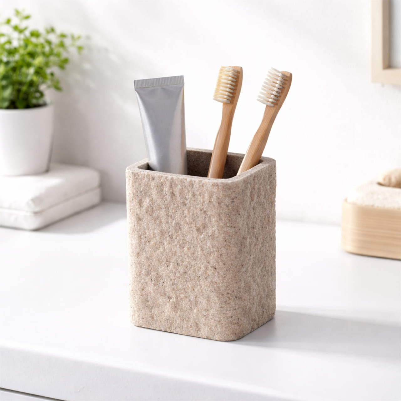 Gedy Aries Portaspazzolini da appoggio in resina effetto pietra beige
