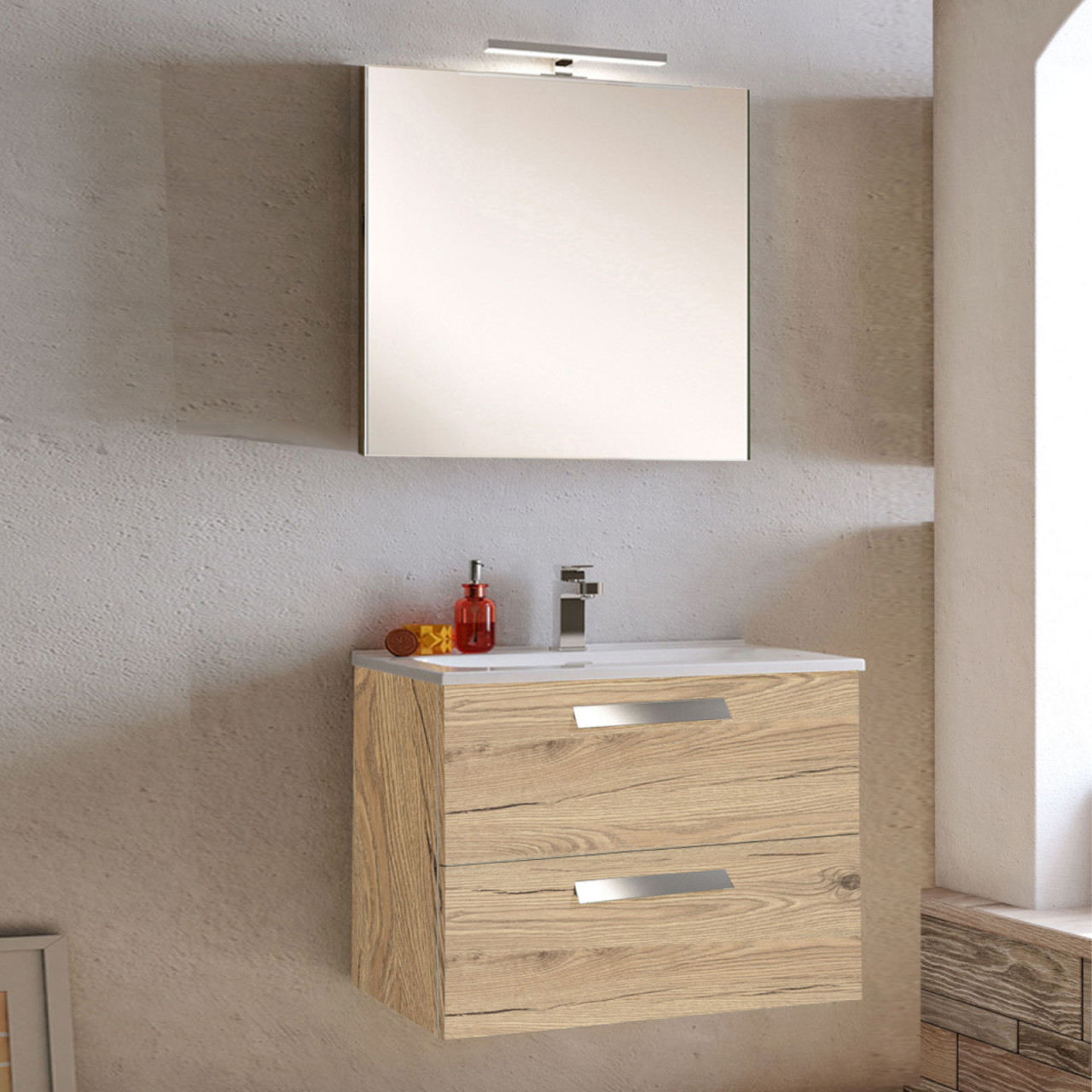 Mobile bagno sospeso rovere chiaro 80 cm doppio cassetto con specchio