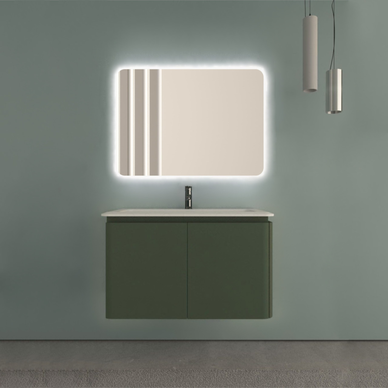 Mobile bagno sospeso cindy 95 cm verde opaco con quattro cassetti e specchio led