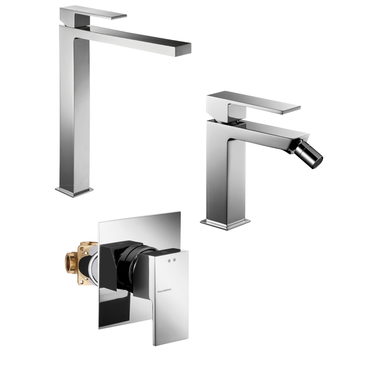 Set miscelatori palazzani qadra lavabo alto bidet e incasso doccia cromo