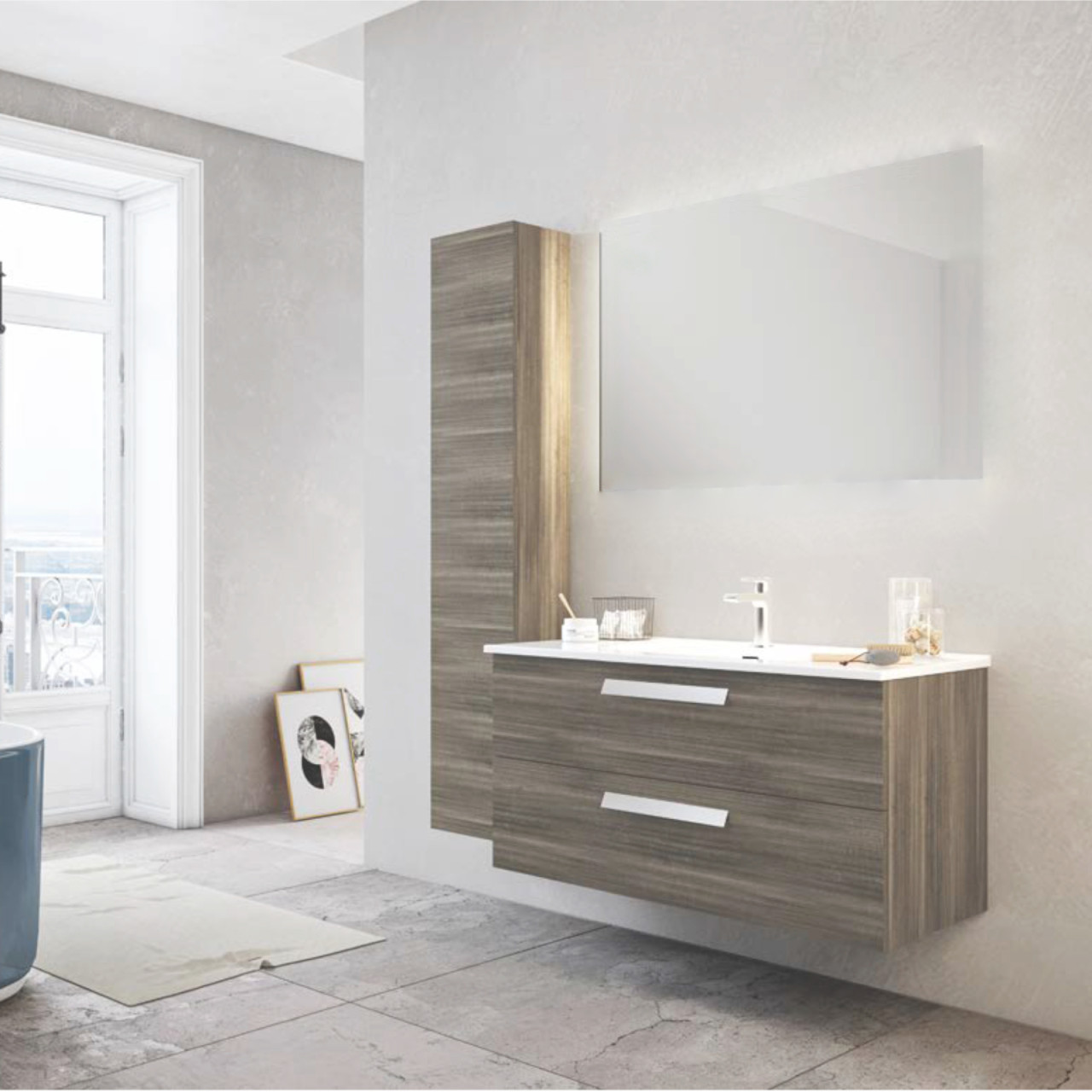 Mobile bagno sospeso rovere scuro 80 cm doppio cassetto e specchio