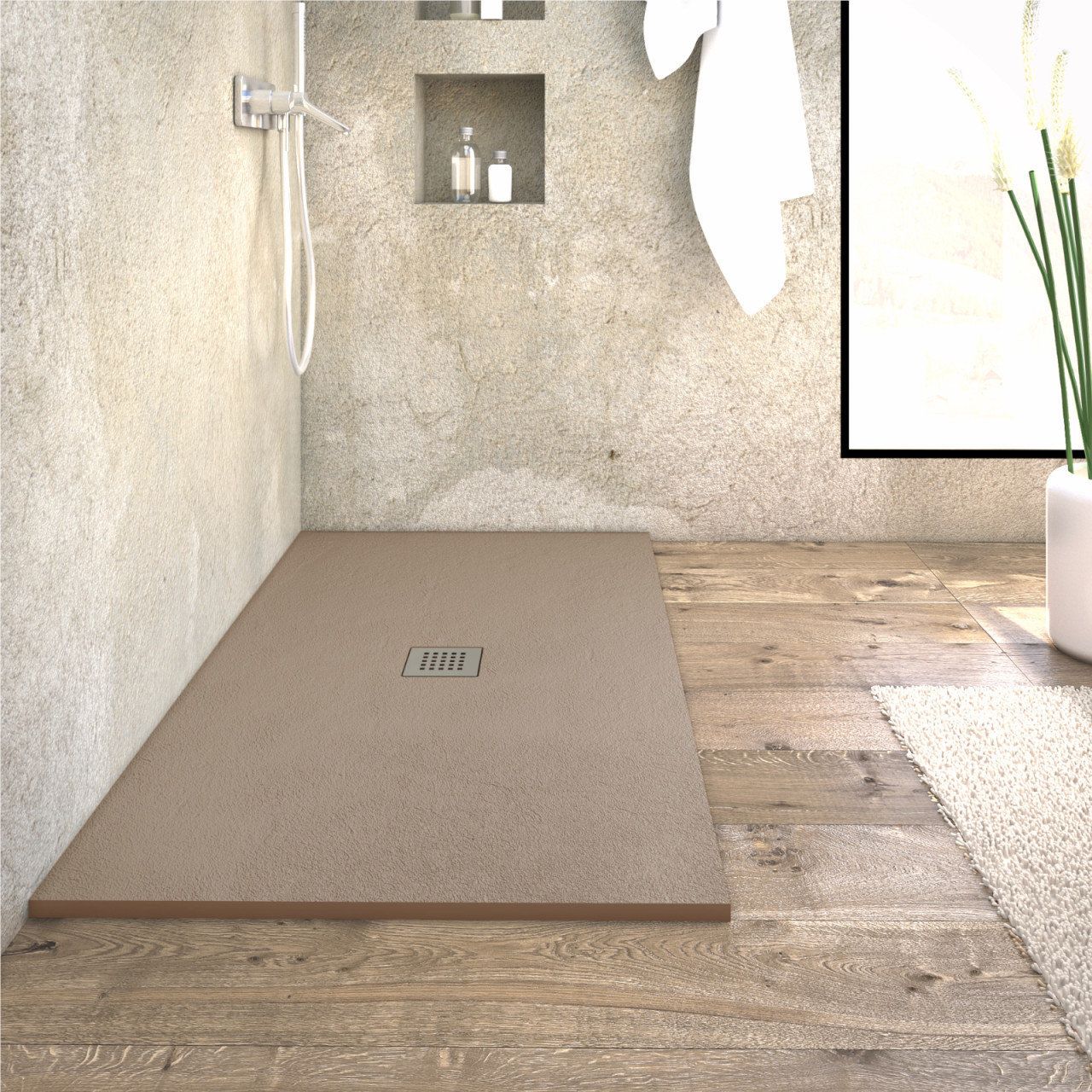 Piatto doccia tortora 80x80 cm in marmo minerale con griglia e piletta