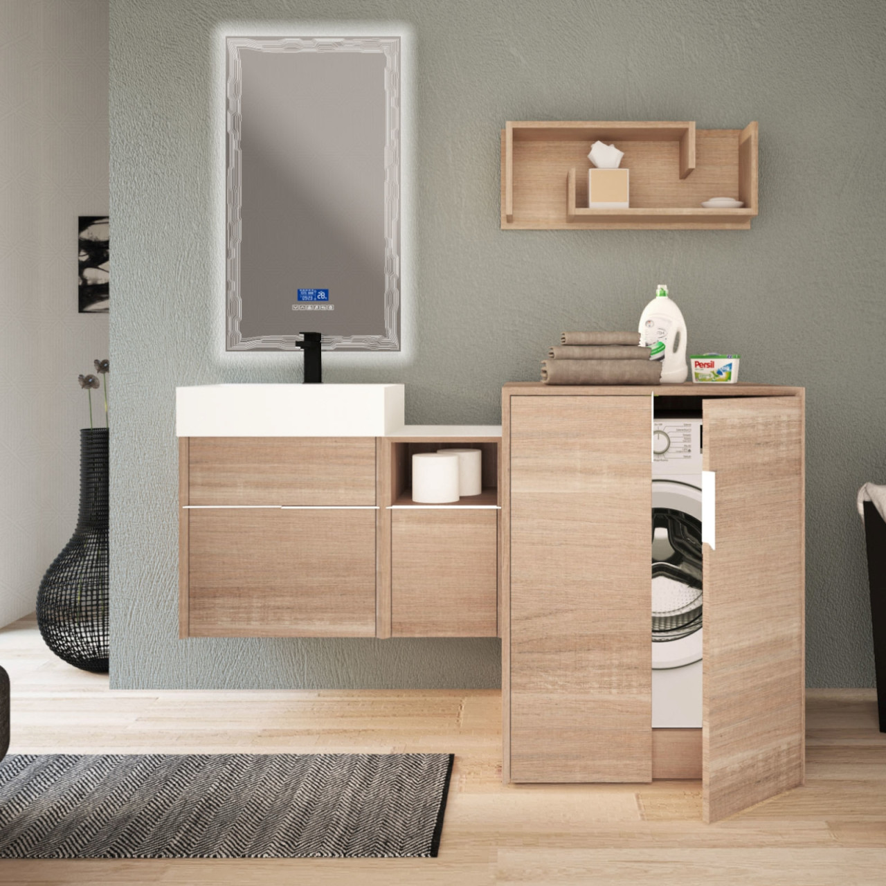 Mobile bagno sospeso da 80 cm rovere bruges specchio led con sistema touch bluetooth e antiappanname