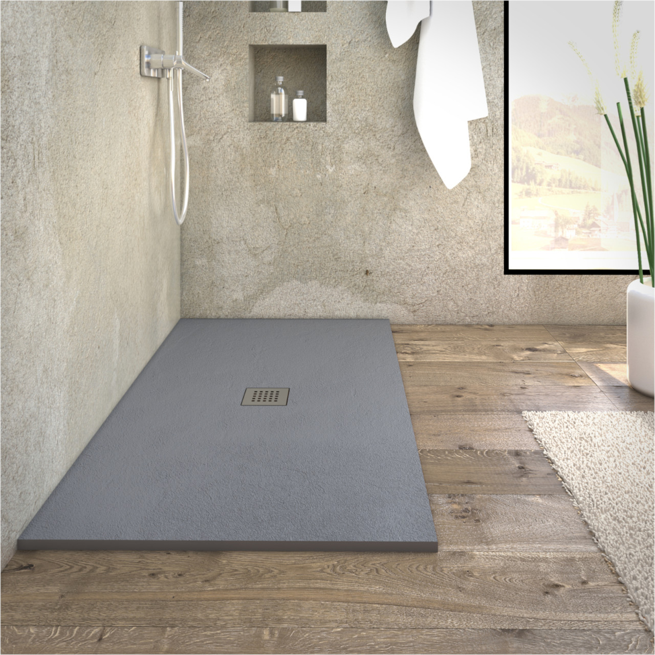 Piatto doccia antracite 90x100 cm in marmo minerale con griglia e piletta