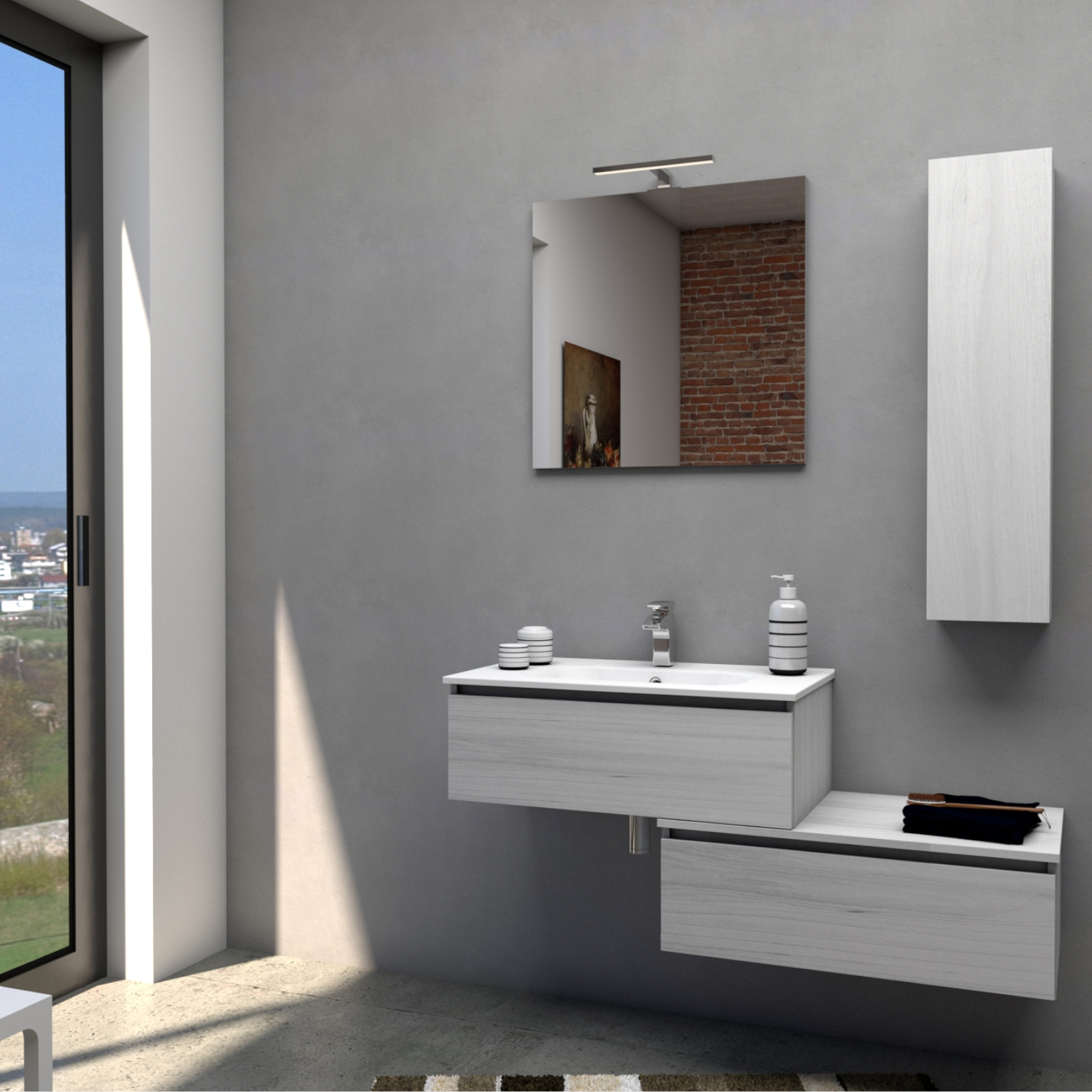 Mobile bagno sospeso cm 85 arredo con lavabo in ceramica Bianco venato