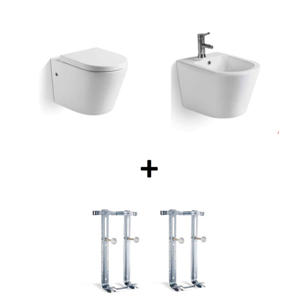 Sanitari sospesi rimless vaso bidet coprivaso avvolgente e staffe in ceramica bianca Sanitari sospesi rimless vaso bidet coprivaso avvolgente e staffe in ceramica bianca
